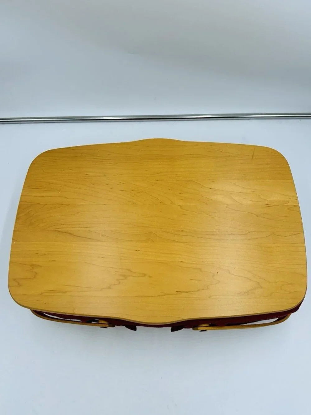 Longaberger Hostess Basket Two Handles Wooden Lid Red Fabric Plastic Liner 2002